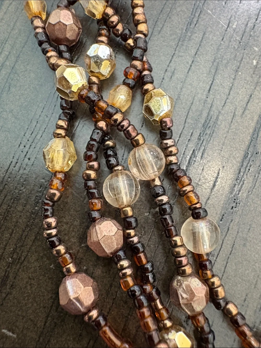 Multi-Strand Brown and Gold Beaded Necklace with Circular Pendant